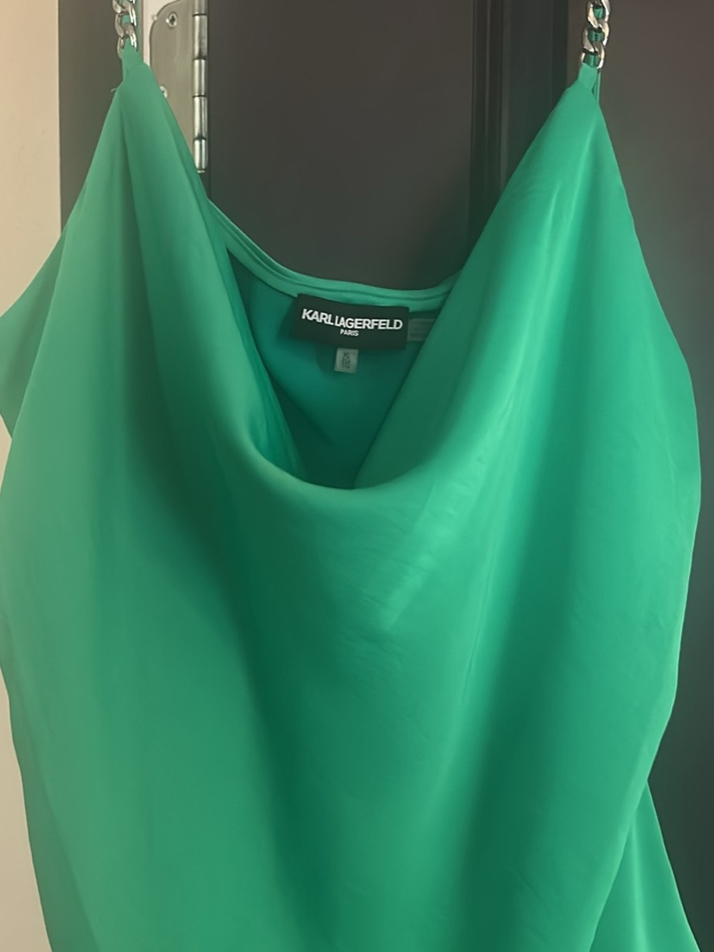 KARL LAGERFELD Emerald Green Cowl Neck Camisole with Chain Straps - Picture 1 of 8
